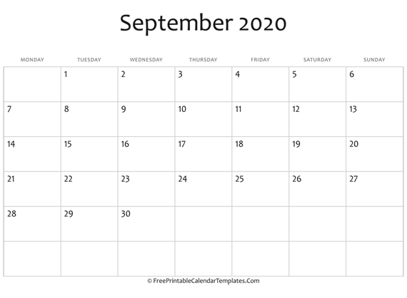 Fillable September Calendar 2020 (horizontal)
