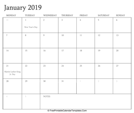 january 2019 editable calendar holidays notes