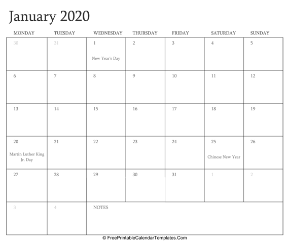 January 2020 Editable Calendar with Holidays and Notes