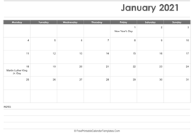 january 2021 calendar layout