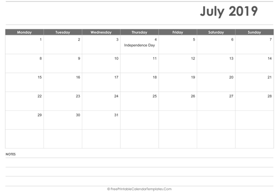 July 2019  Calendar Printable with Holidays