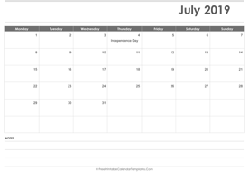 july 2019 printable calendar layout