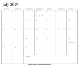 july 2019 editable calendar with holidays and notes
