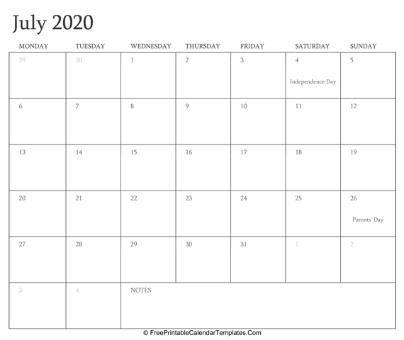 July 2020 Editable Calendar with Holidays and Notes