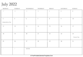 july 2022 editable calendar holidays notes