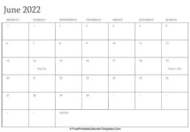 june 2022 editable calendar with holidays and notes