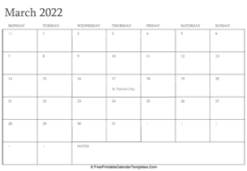 march 2022 editable calendar with holidays and notes