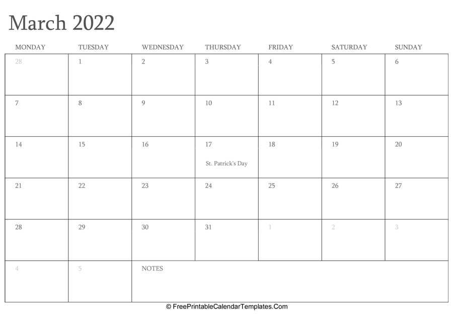 March 2022 Editable Calendar with Holidays and Notes