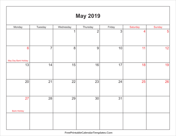 May 2019 UK Calendar landscape