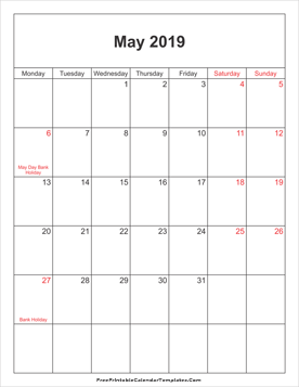 May 2019 UK Calendar portrait