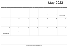 may 2022 calendar printable with holidays