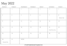 may 2022 editable calendar with holidays and notes