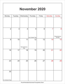 November 2020 UK Calendar portrait