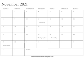 november 2021 editable calendar holidays notes