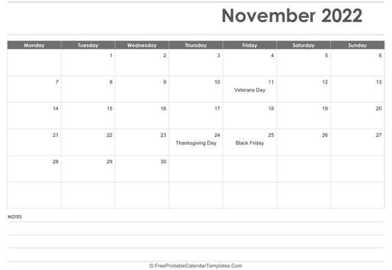 November 2022  Calendar Printable with Holidays