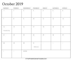 october 2019 editable calendar with holidays and notes