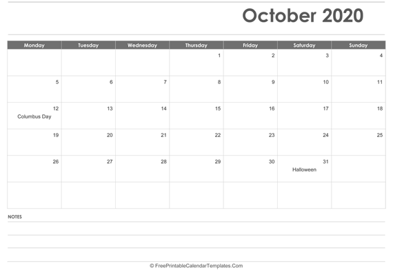 October 2020  Calendar Printable with Holidays