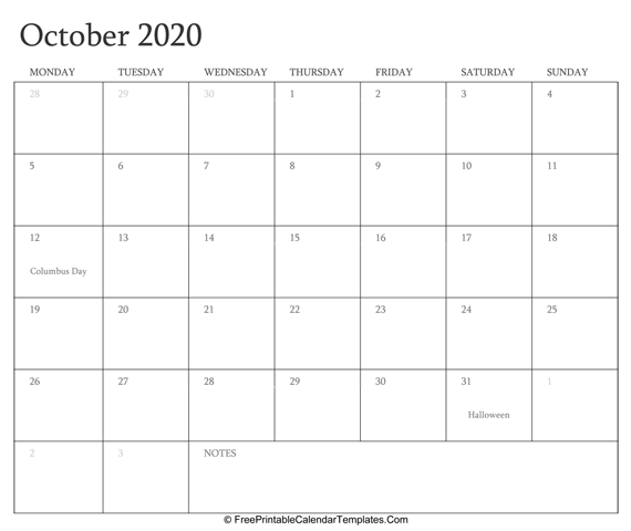 October 2020 Editable Calendar with Holidays and Notes