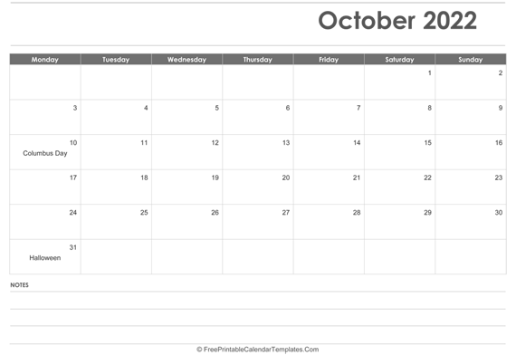 October 2022  Calendar Printable with Holidays