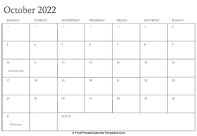 october 2022 editable calendar with holidays and notes