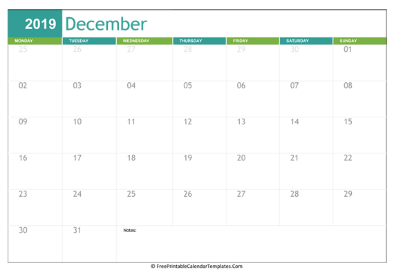 Printable 2019 Calendar December (Landscape)