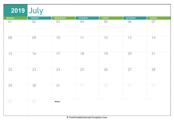 Printable 2019 Calendar July (Landscape)