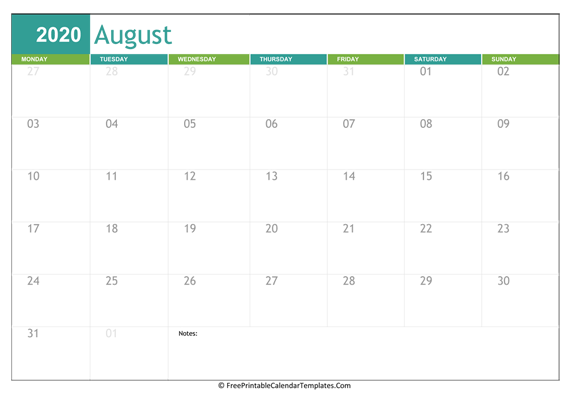 Printable 2020 Calendar August (Landscape)