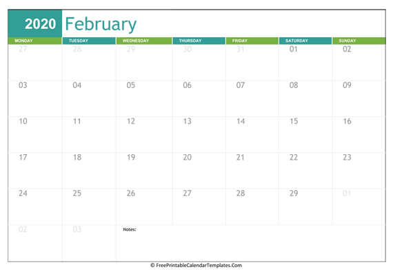 Printable 2020 Calendar February (Landscape)
