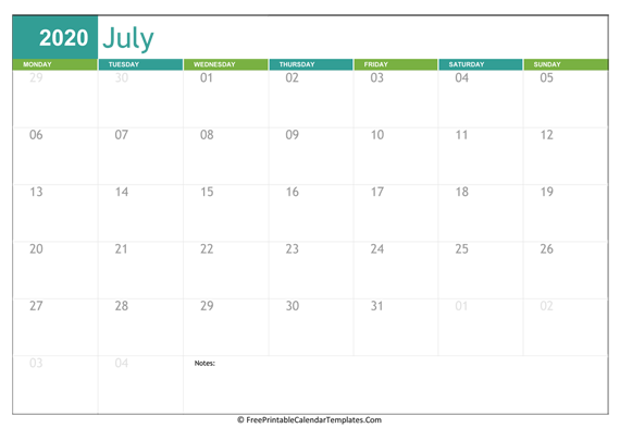 Printable 2020 Calendar July (Landscape)