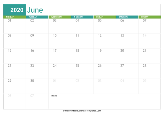 Printable 2020 Calendar June (Landscape)