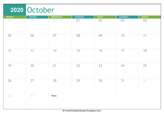 Printable 2020 Calendar October (Landscape)
