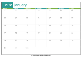 printable 2022 calendar january