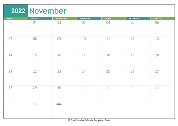 Printable 2022 Calendar November (Landscape)