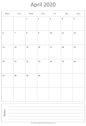printable april calendar 2020 vertical layout