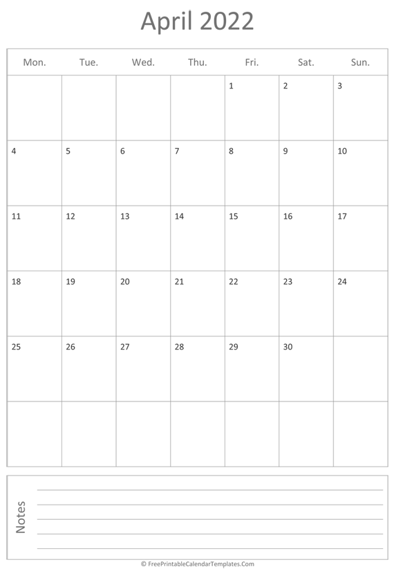 Printable April Calendar 2022 (vertical)