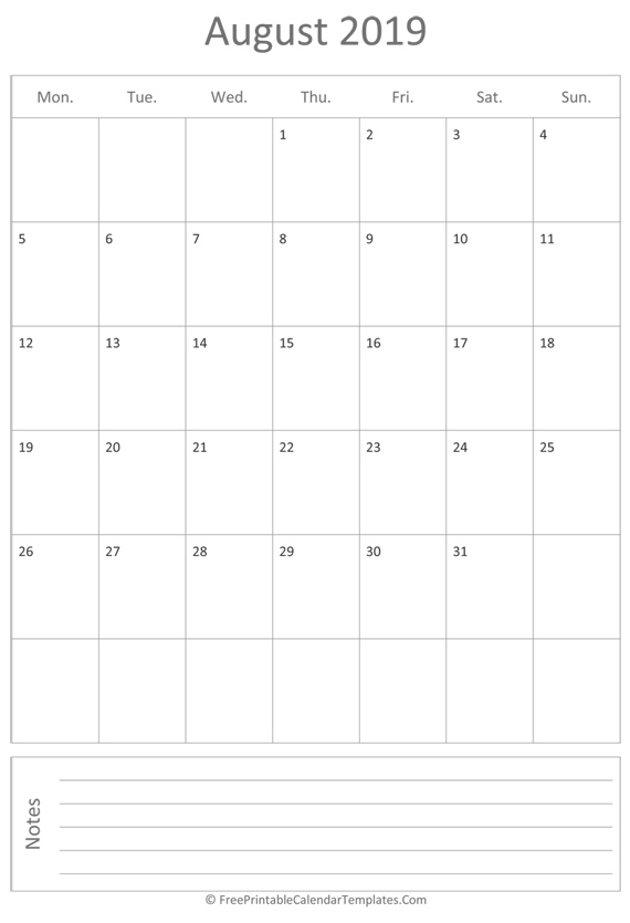Printable August Calendar 2019 (vertical)