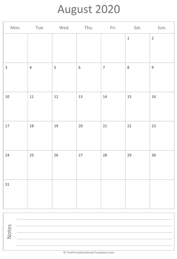 Printable August Calendar 2020 (vertical)