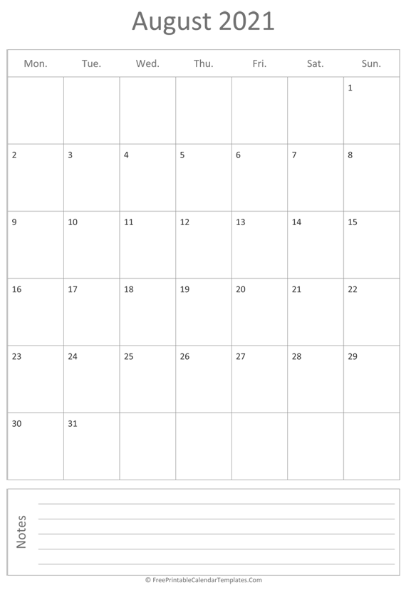 Printable August Calendar 2021 (vertical)