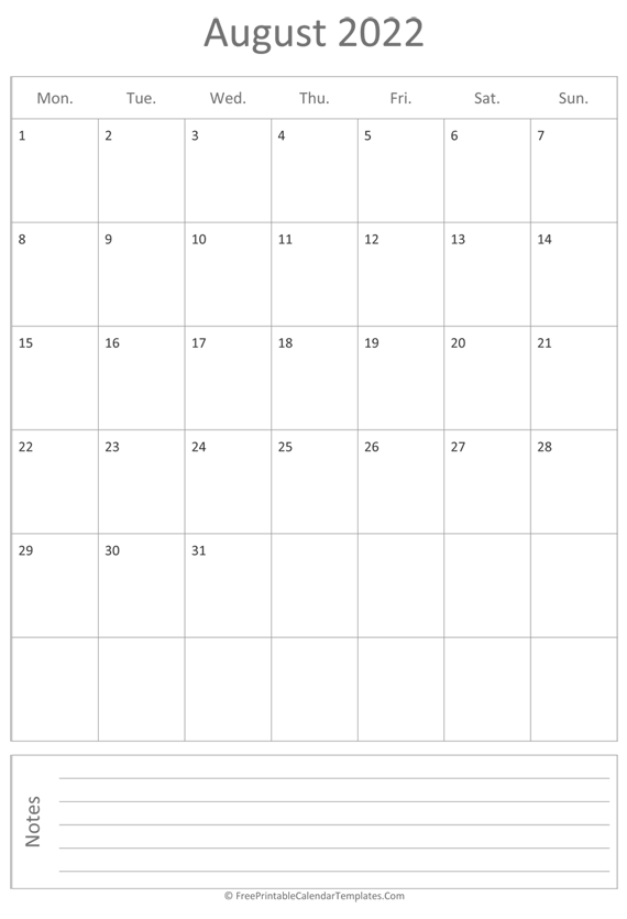 Printable August Calendar 2022 (vertical)