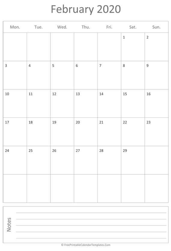 Printable February Calendar 2020 (vertical)