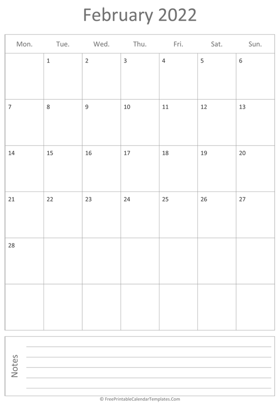 Printable February Calendar 2022 (vertical)