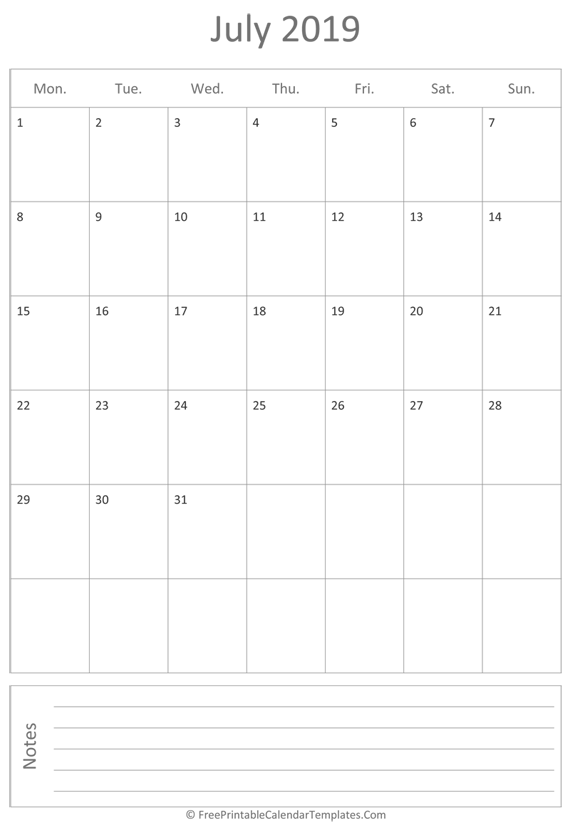 Printable July Calendar 2019 (vertical)
