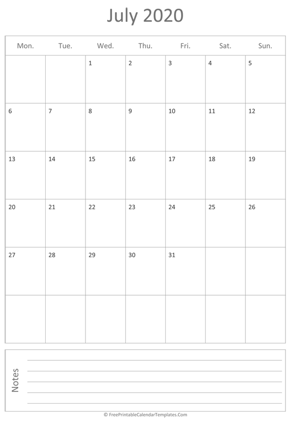 Printable July Calendar 2020 (vertical)