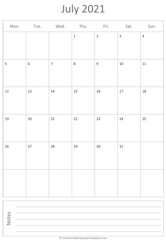 Printable July Calendar 2021 (vertical)