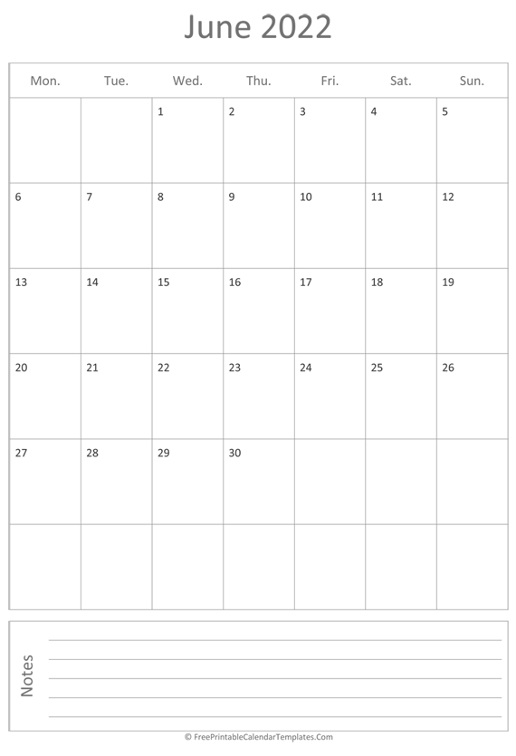 Printable June Calendar 2022 (vertical)