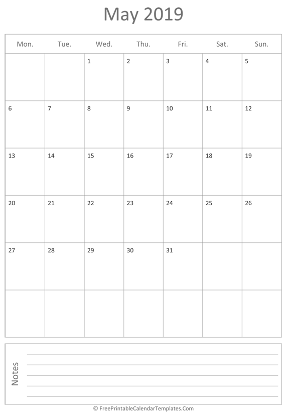 Printable May Calendar 2019 (vertical)