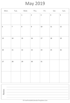 printable may calendar 2019 vertical layout