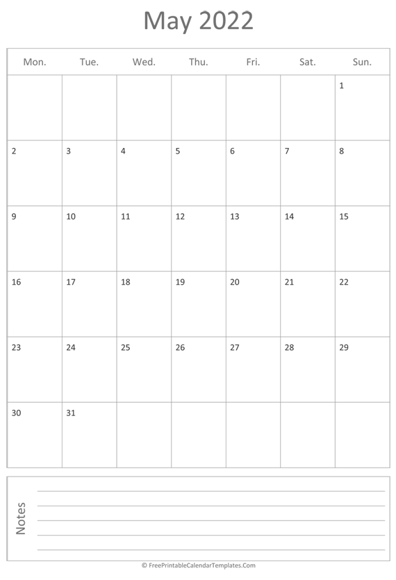 Printable May Calendar 2022 (vertical)