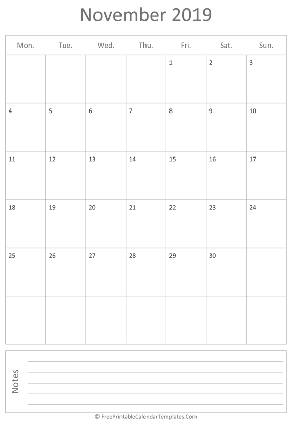 Printable November Calendar 2019 (vertical)