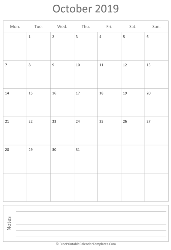Printable October Calendar 2019 (vertical)